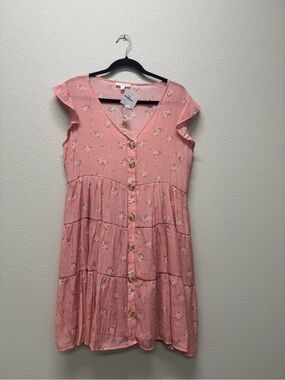 NWT Blu Pepper Pink Floral Button-Front Tiered Dress, Summer, Multiple Sizes